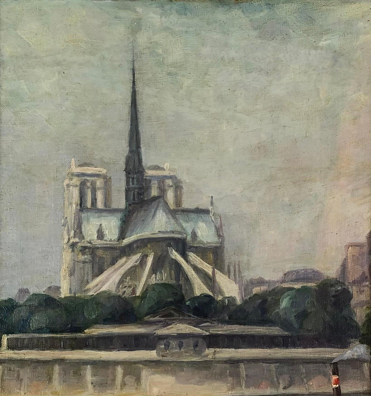 Oil on Canvas Painting of Notre Dame Cathedral and the Seine in Paris, France — detail 3