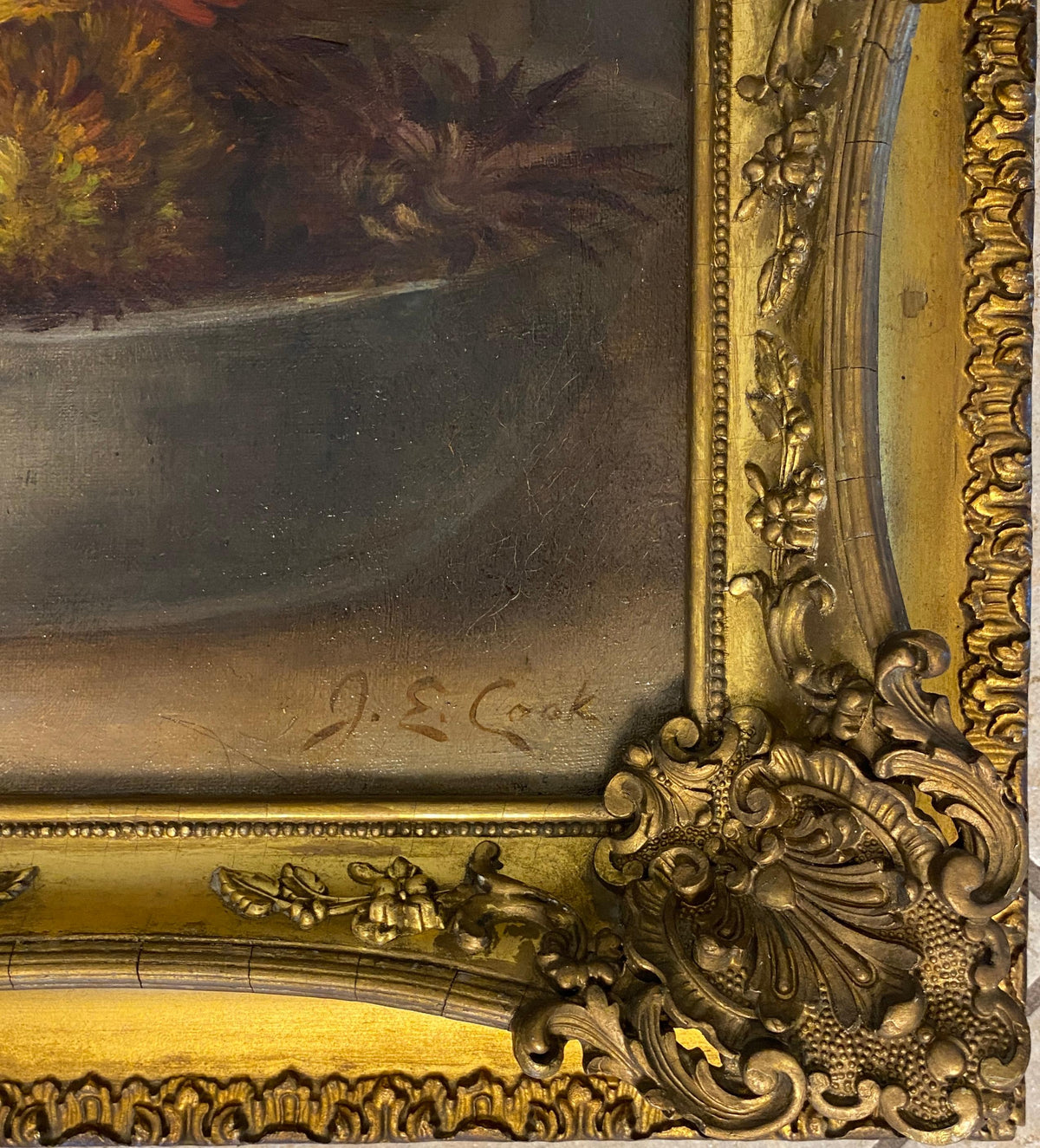 Still Life Oil Painting of Flowers 20th Century, Signed J.E. Cook — detail 3