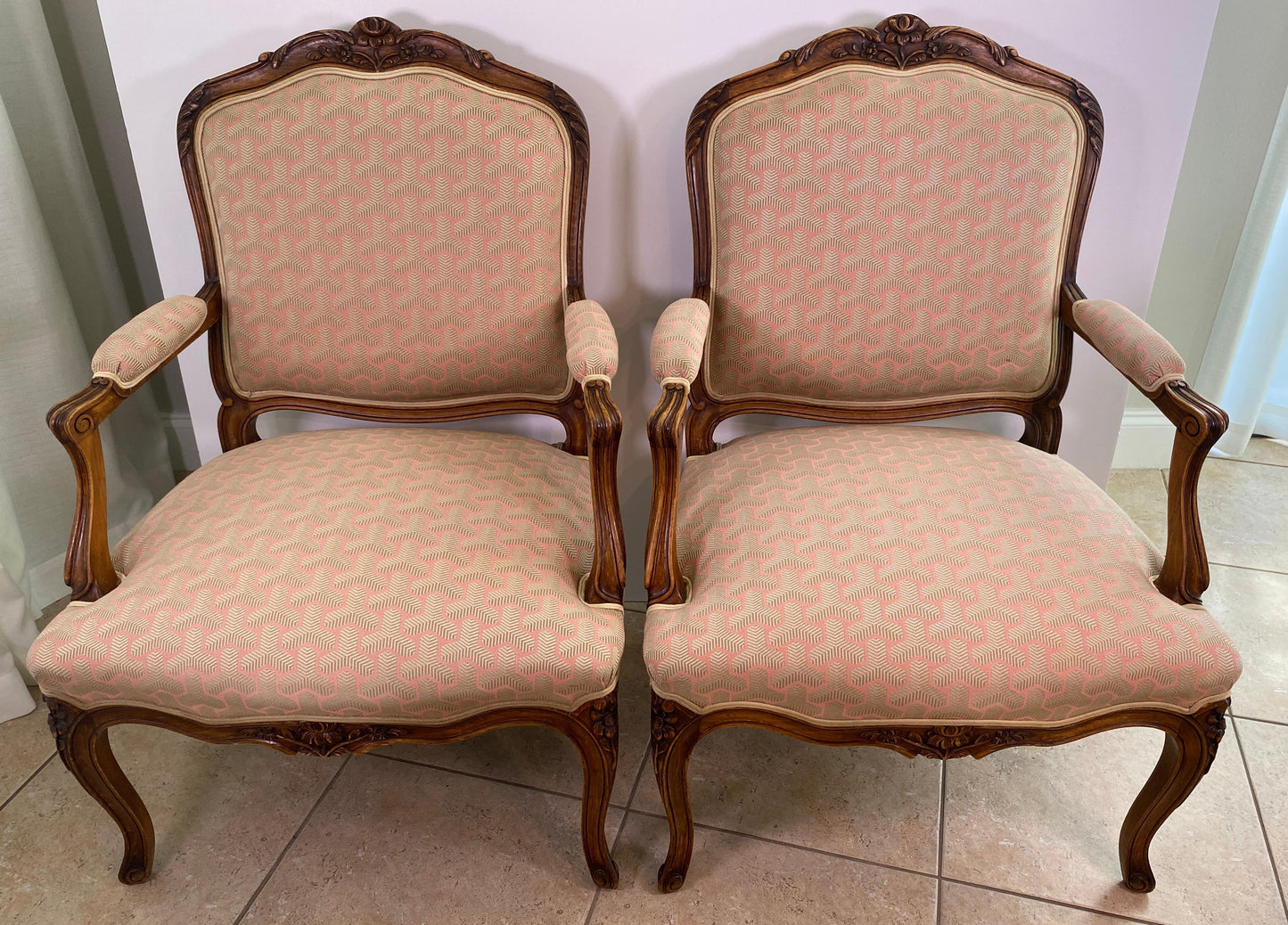 Pair of French Louis XV Style Beechwood Fauteuil Armchairs, Carved Frames — detail 2