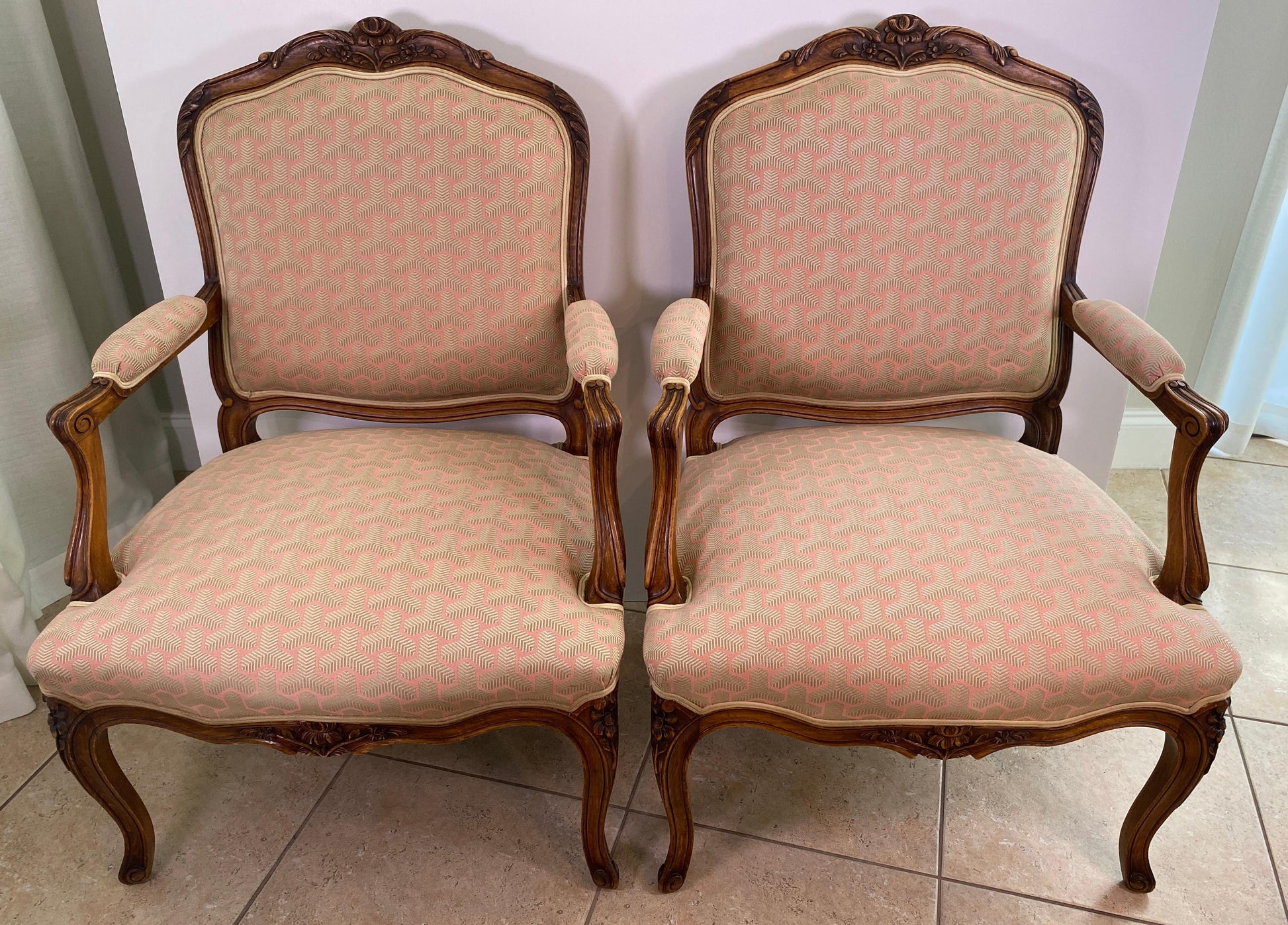 Pair of French Louis XV Style Beechwood Fauteuil Armchairs, Carved Frames — detail 2