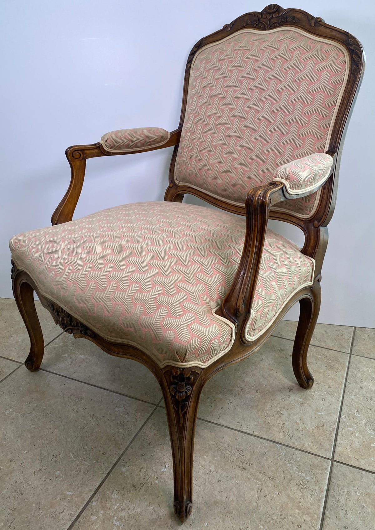 Pair of French Louis XV Style Beechwood Fauteuil Armchairs, Carved Frames — detail 4