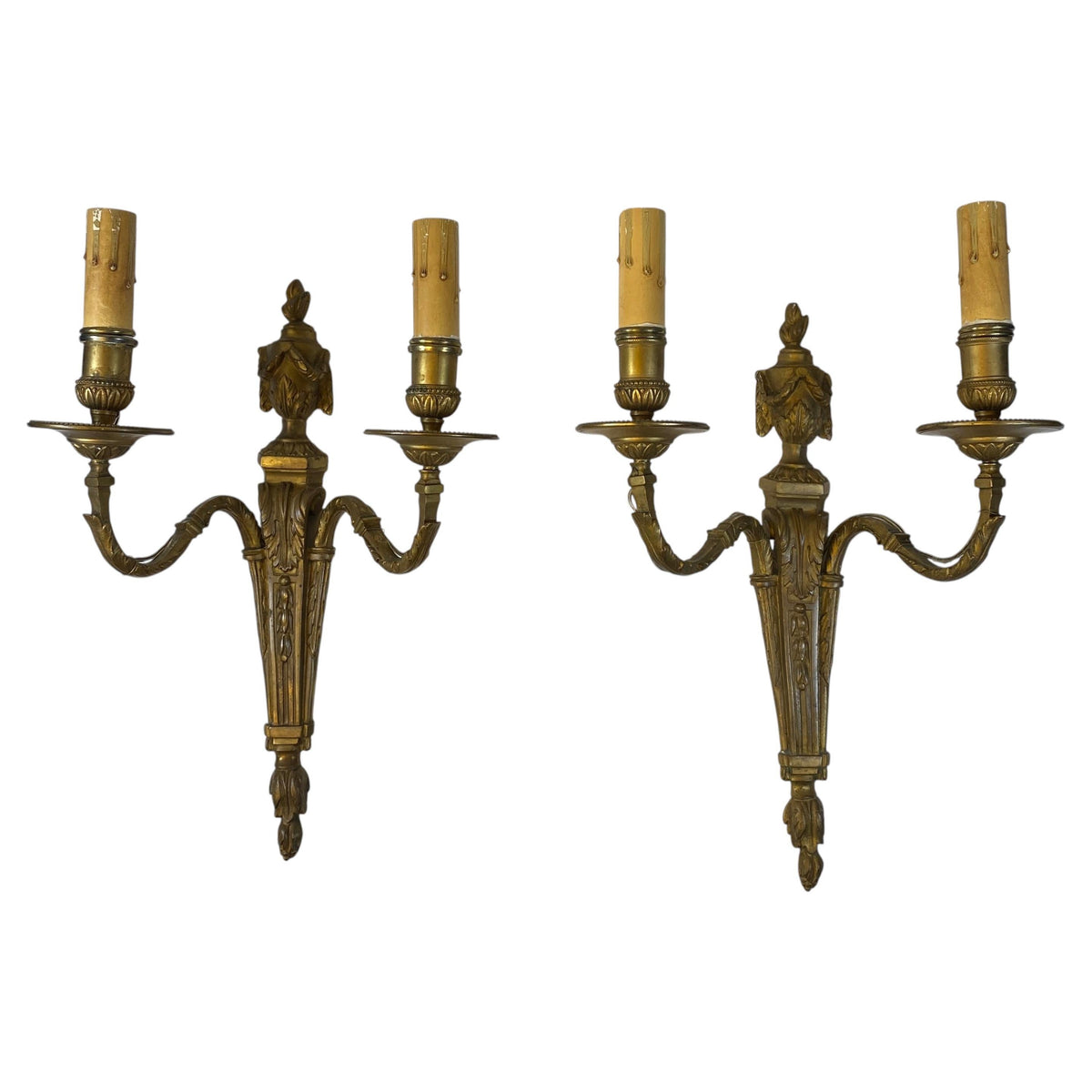 Pair of Louis XVI Style French Bronze Two-Light Wall Sconces