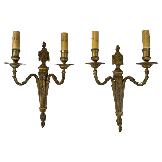 Pair of Louis XVI Style French Bronze Two-Light Wall Sconces