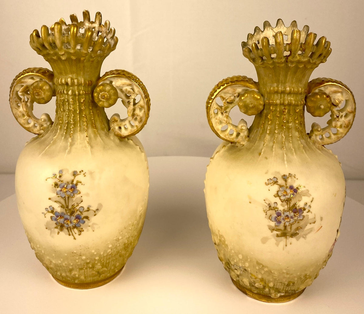 Pair of Royal Worcester Style Hand-Crafted Porcelain Vases Blush Ivory Austrian — detail 10