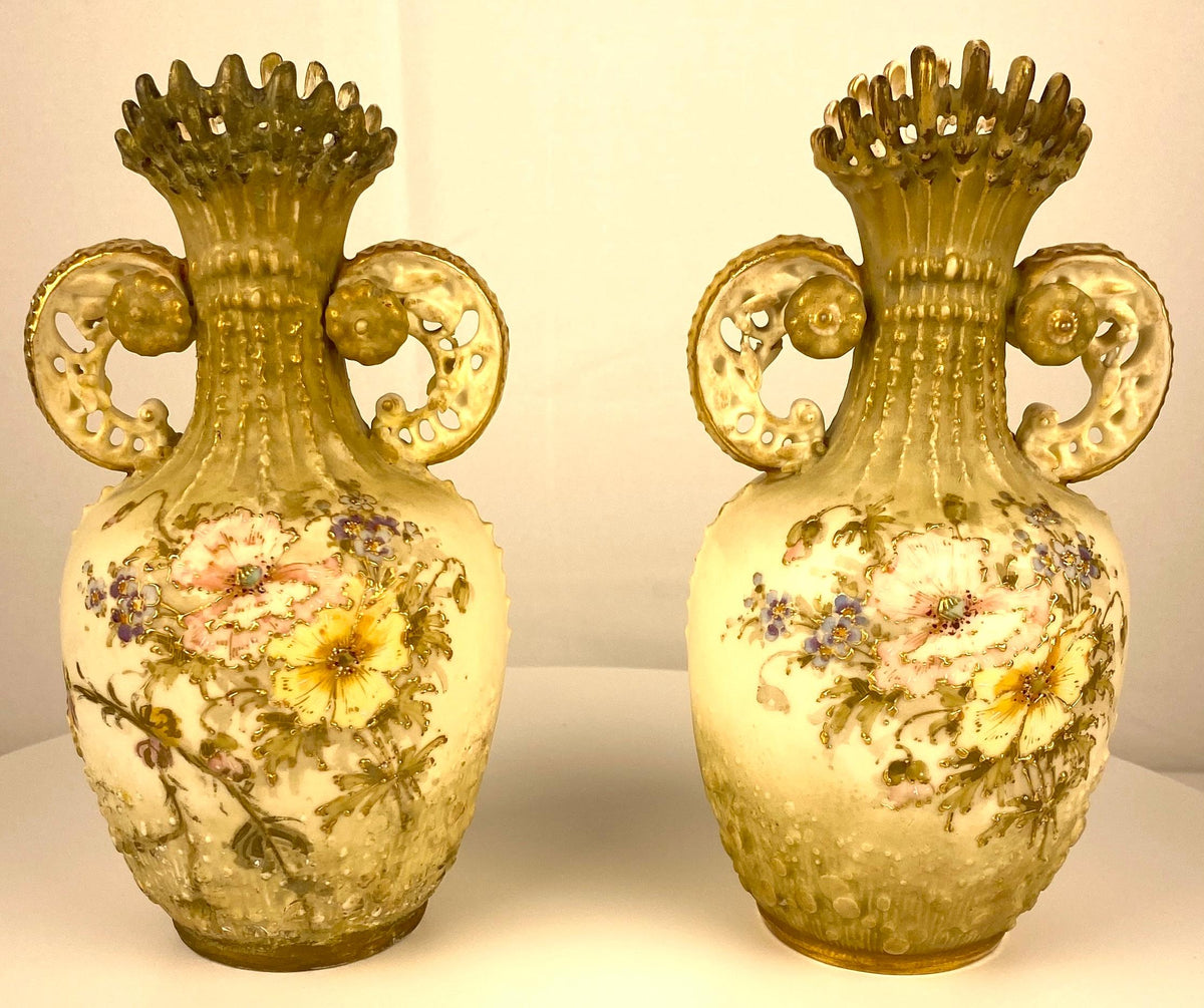 Pair of Royal Worcester Style Hand-Crafted Porcelain Vases Blush Ivory Austrian — detail 11