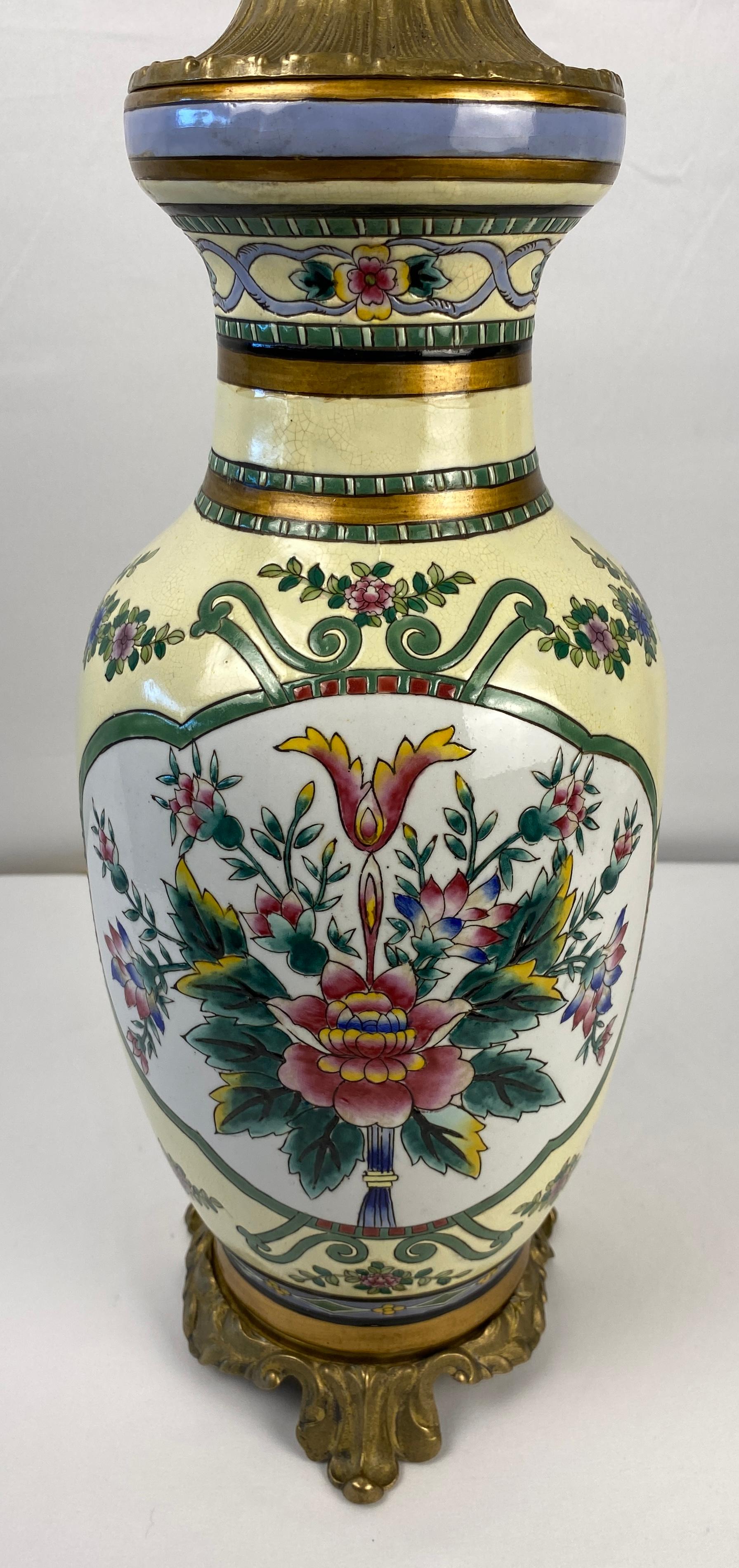 Pair of French Hand Painted Porcelain Gilt Bronze Mounted Table Lamps — detail 3