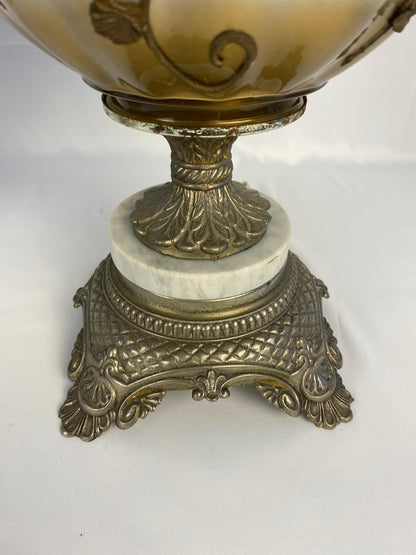 Pair of Opaline Glass Table Lamps with Brass Gold Filigree and Crystal — detail 8
