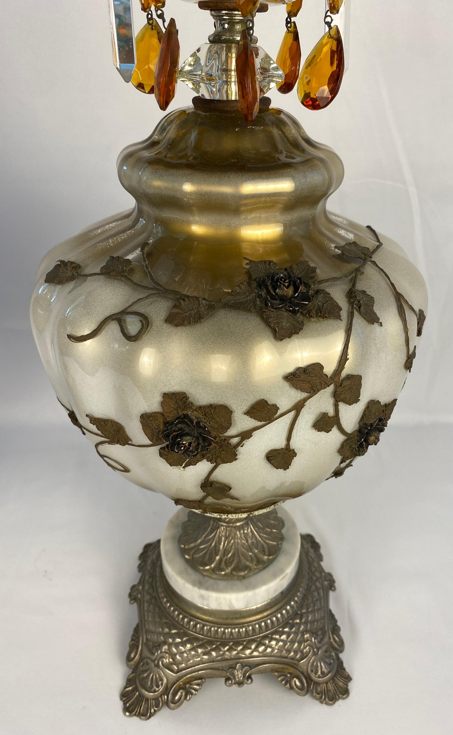 Pair of Opaline Glass Table Lamps with Brass Gold Filigree and Crystal — detail 10