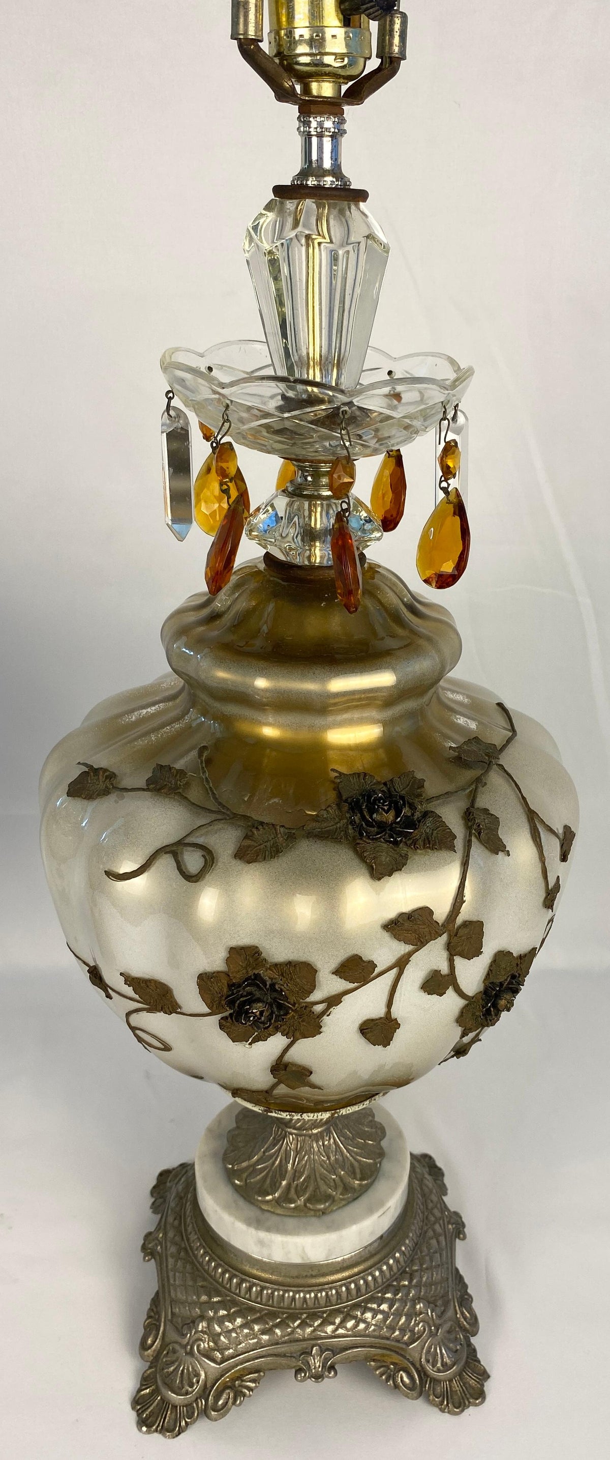 Pair of Opaline Glass Table Lamps with Brass Gold Filigree and Crystal — detail 11