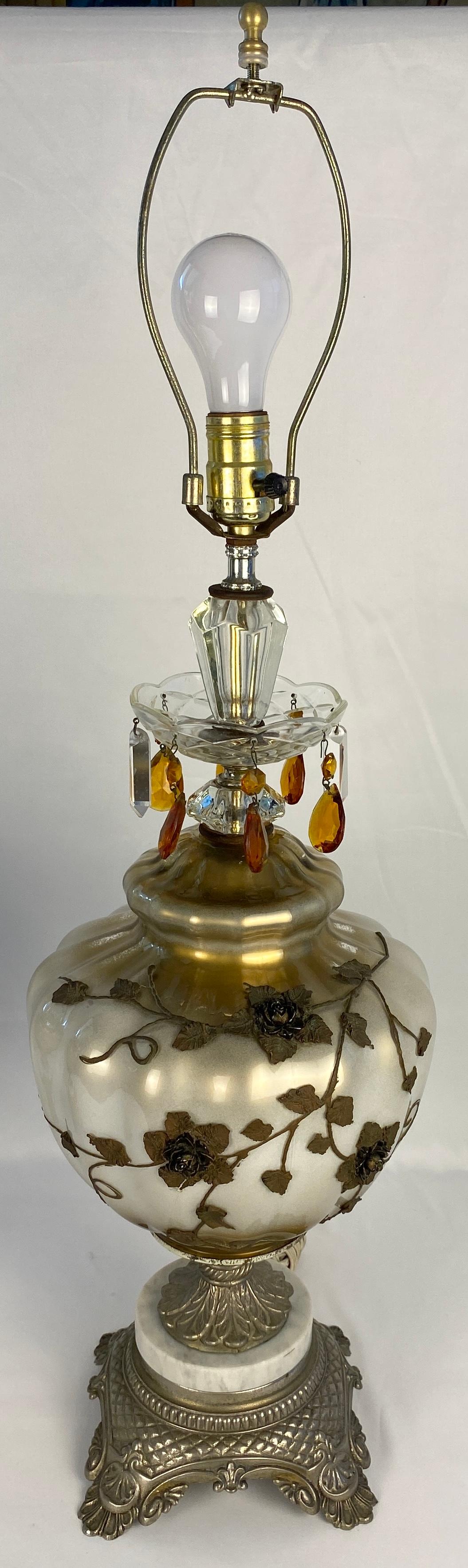 Pair of Opaline Glass Table Lamps with Brass Gold Filigree and Crystal — detail 12