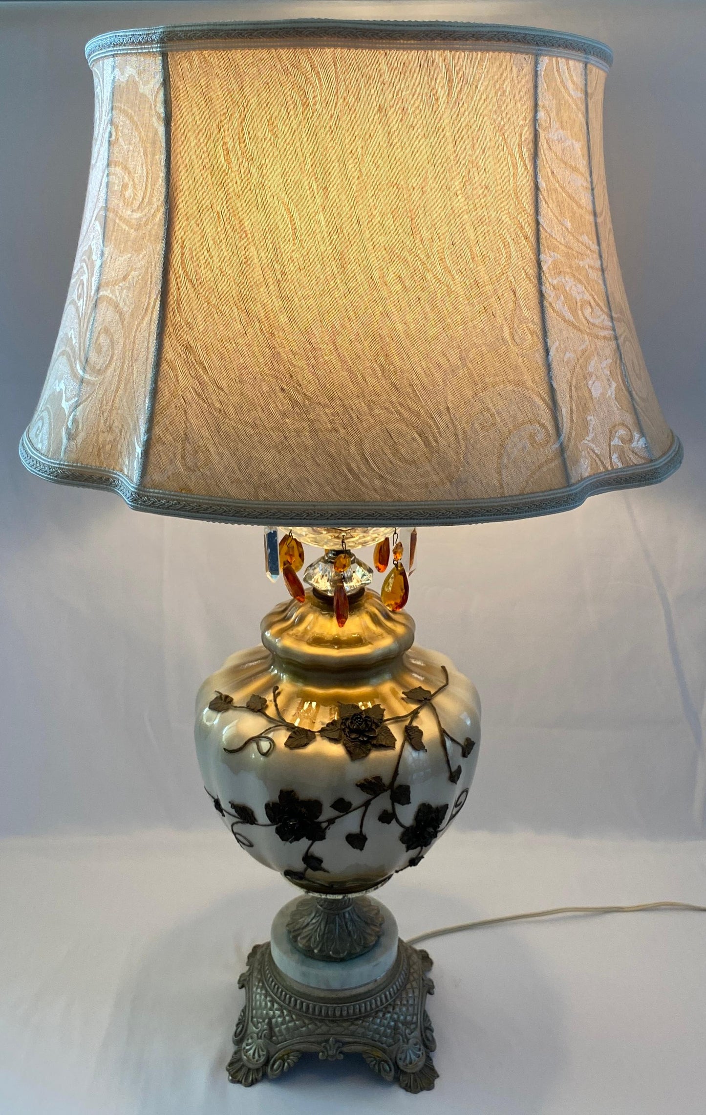 Pair of Opaline Glass Table Lamps with Brass Gold Filigree and Crystal — detail 2