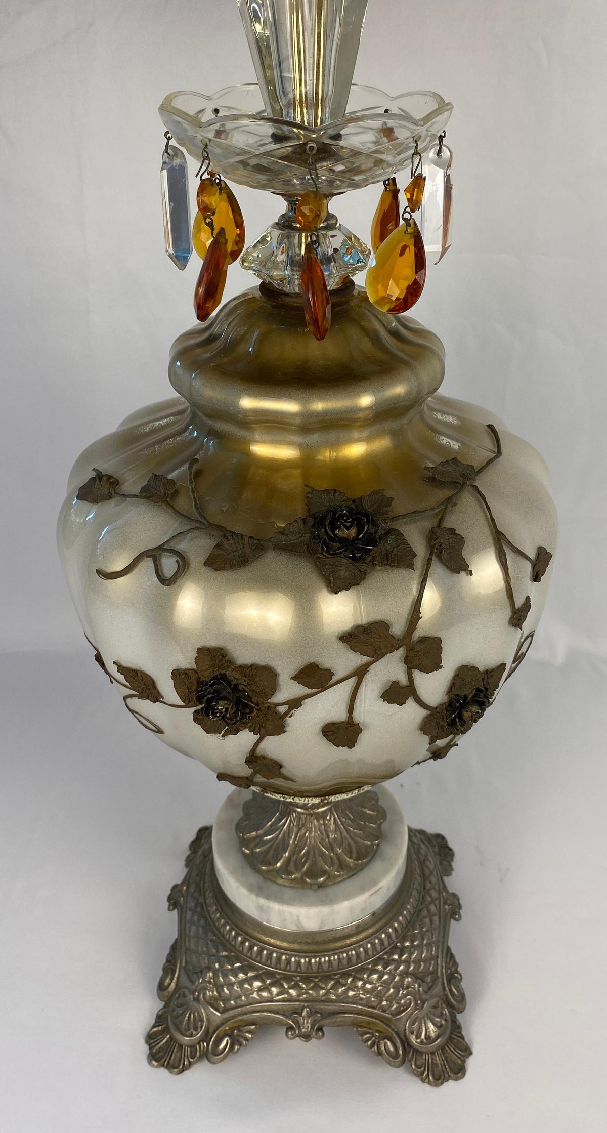 Pair of Opaline Glass Table Lamps with Brass Gold Filigree and Crystal — detail 4