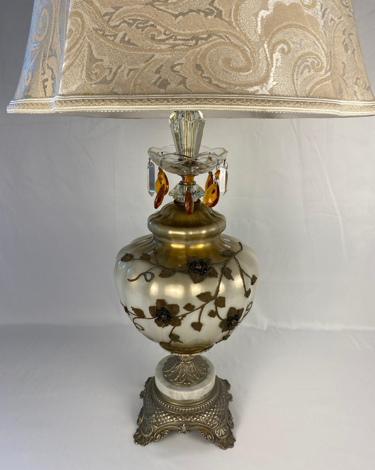 Pair of Opaline Glass Table Lamps with Brass Gold Filigree and Crystal — detail 5
