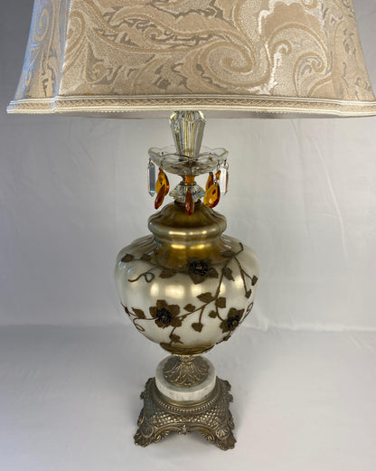 Pair of Opaline Glass Table Lamps with Brass Gold Filigree and Crystal — detail 5