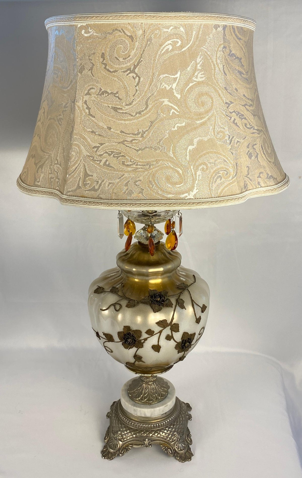 Pair of Opaline Glass Table Lamps with Brass Gold Filigree and Crystal — detail 3