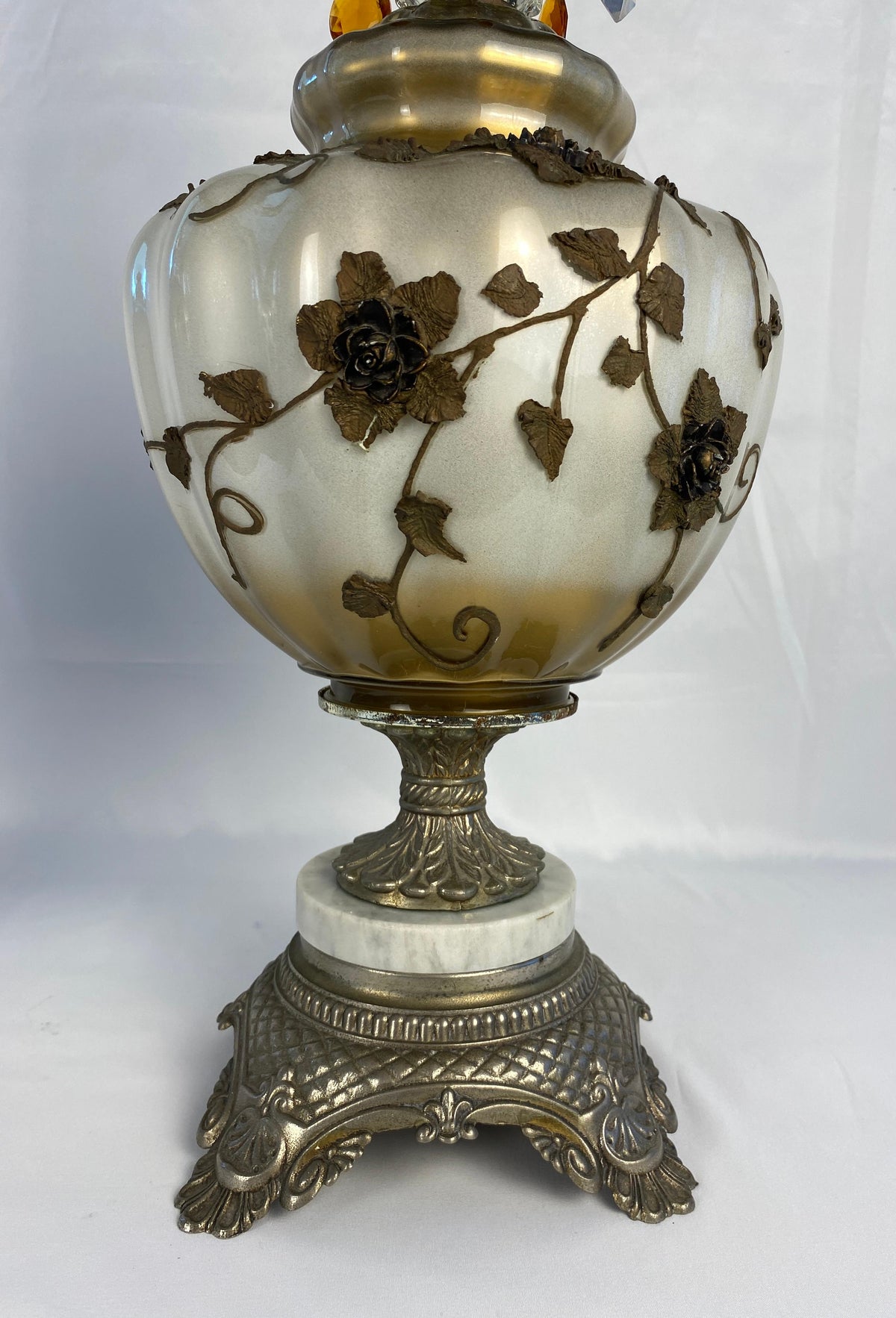 Pair of Opaline Glass Table Lamps with Brass Gold Filigree and Crystal — detail 7