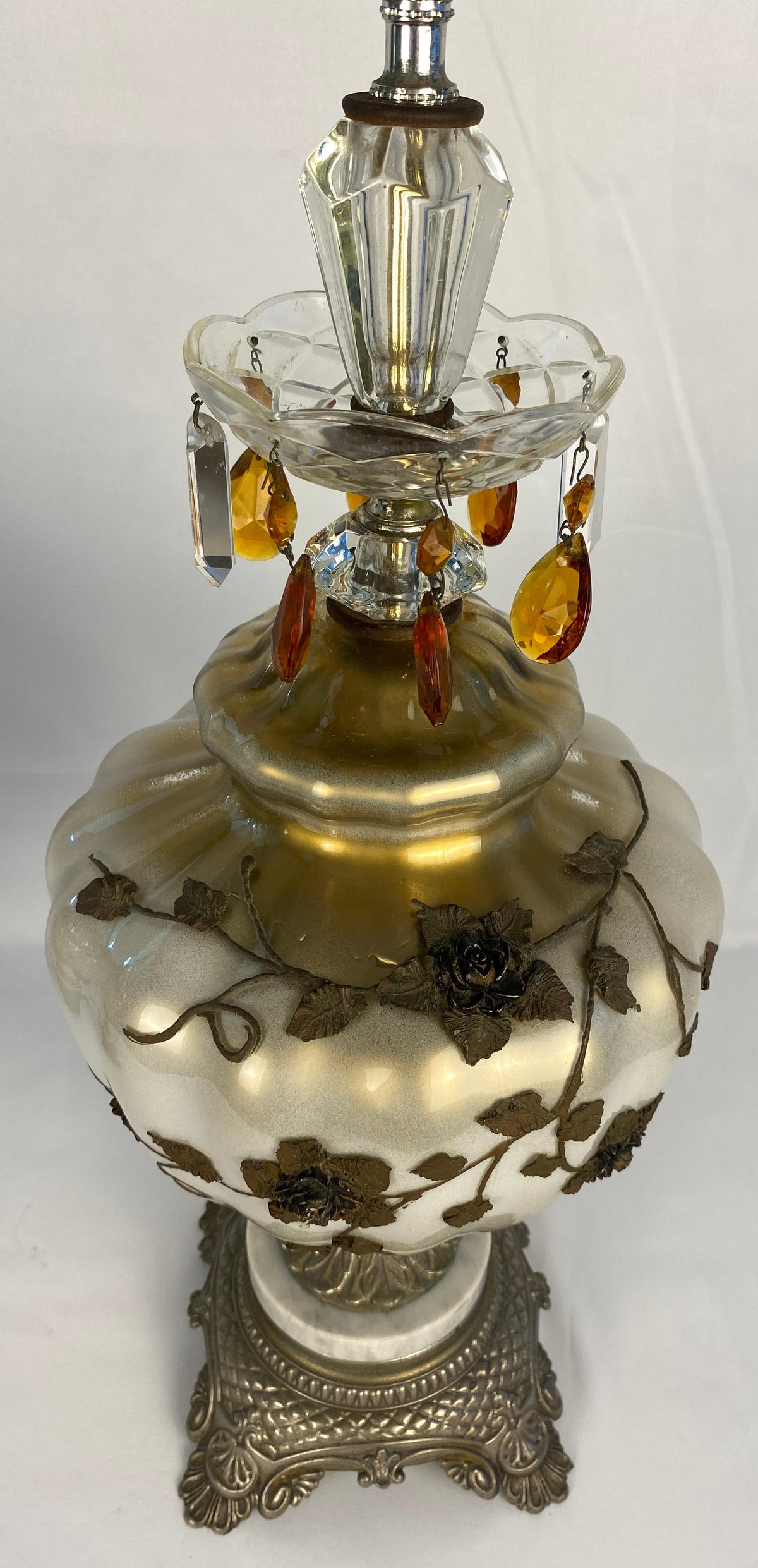 Pair of Opaline Glass Table Lamps with Brass Gold Filigree and Crystal — detail 9