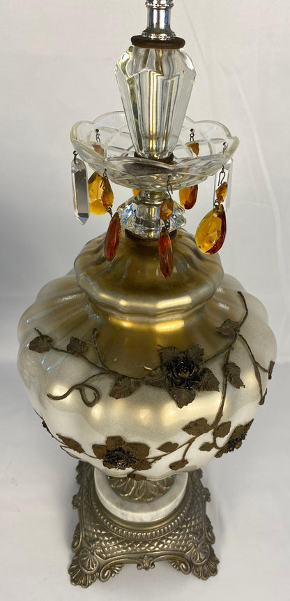 Pair of Opaline Glass Table Lamps with Brass Gold Filigree and Crystal — detail 9