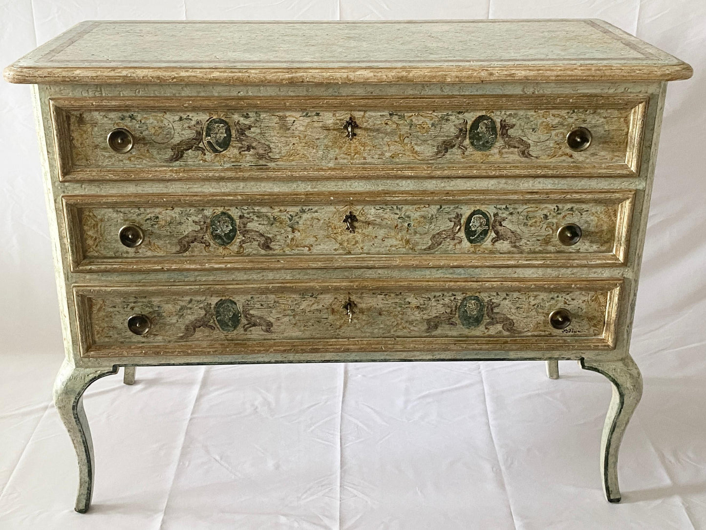 Pair of Venetian Hand-Painted Neoclassical Style Commodes or Chest of Drawers — detail 2