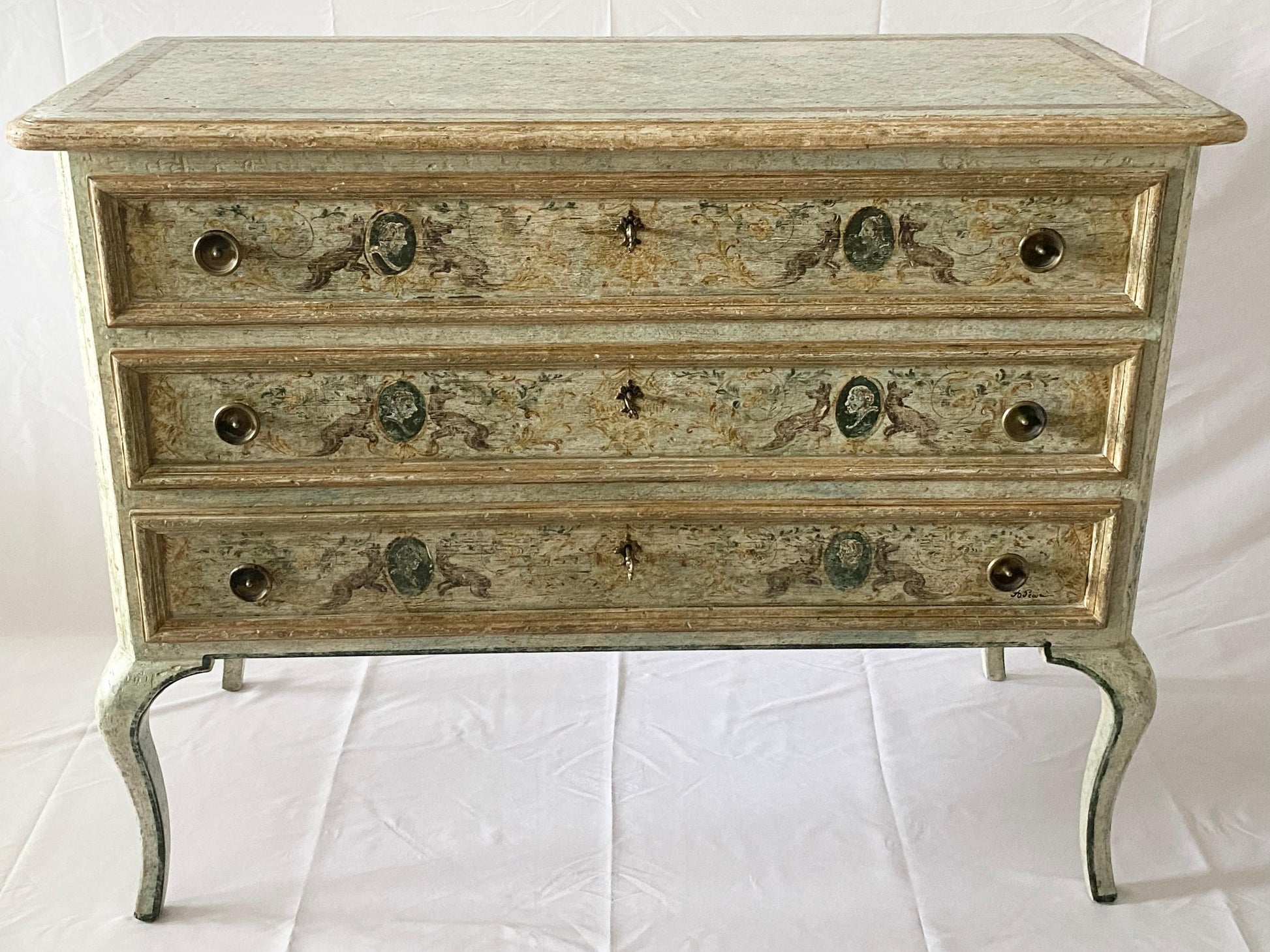Pair of Venetian Hand-Painted Neoclassical Style Commodes or Chest of Drawers — detail 2