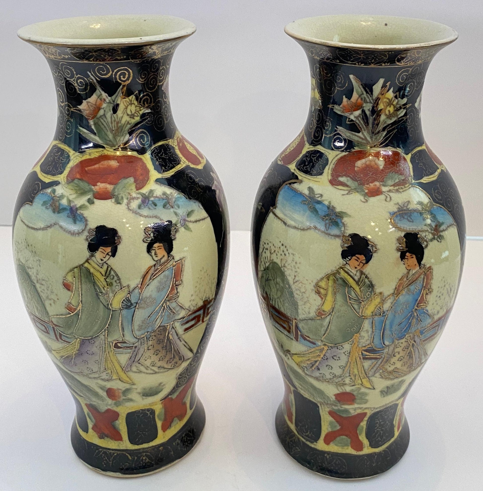 Pair Japanese Satsuma Style Porcelain Vases, Hand-Painted Court Ladies, Meiji — detail 3