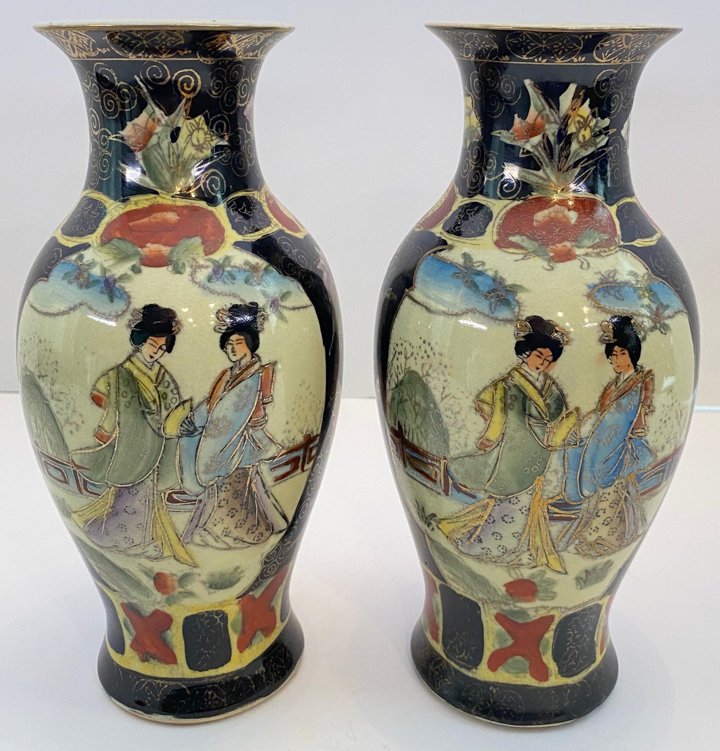 Pair Japanese Satsuma Style Porcelain Vases, Hand-Painted Court Ladies, Meiji — detail 2
