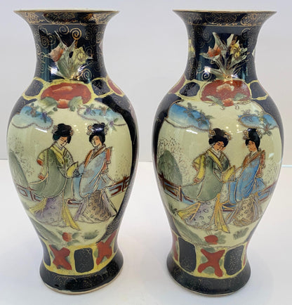 Pair Japanese Satsuma Style Porcelain Vases, Hand-Painted Court Ladies, Meiji — detail 2