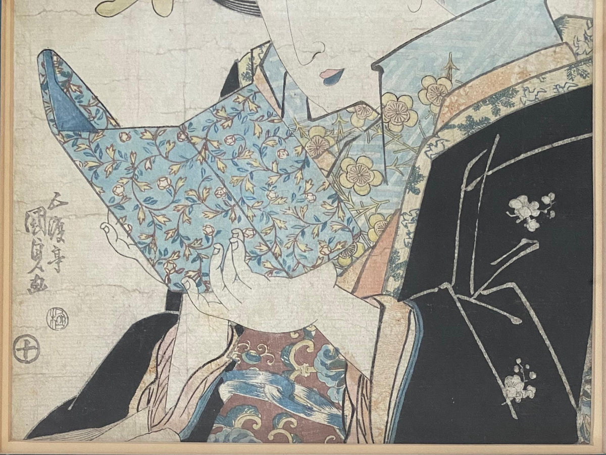 Pair of 19th Century Antique Japanese Woodblocks Prints Attrib. to Keisai Eisen — detail 6