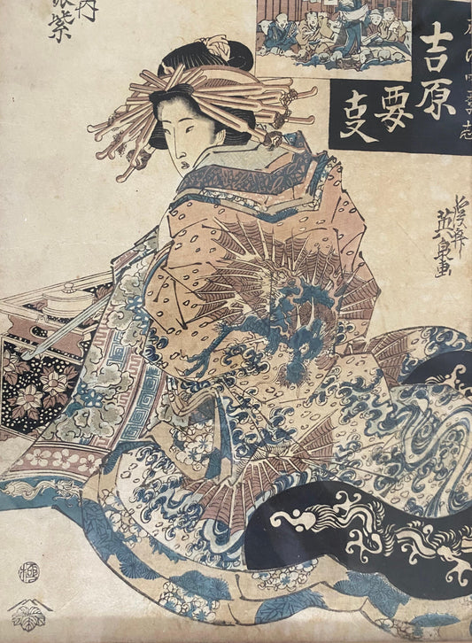 Pair of 19th Century Antique Japanese Woodblocks Prints Attrib. to Keisai Eisen — detail 2