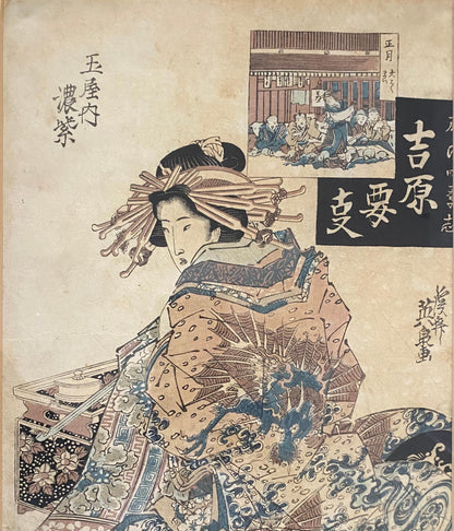 Pair of 19th Century Antique Japanese Woodblocks Prints Attrib. to Keisai Eisen — detail 4