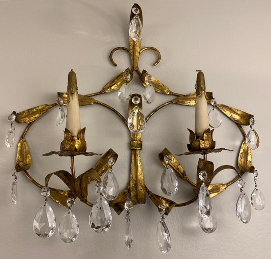 Pair of Maison Baguès Style Mid-20th Century Gilt Metal and Crystal Wall Sconces — detail 2