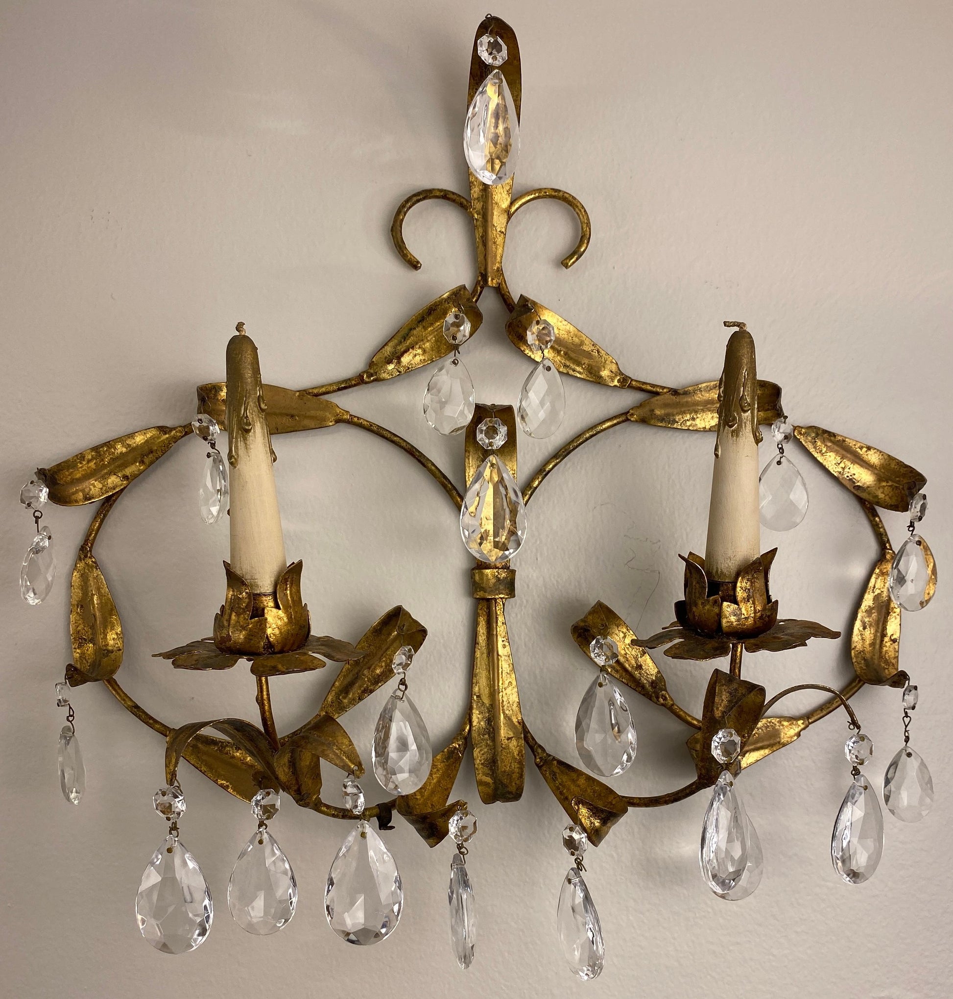 Pair of Maison Baguès Style Mid-20th Century Gilt Metal and Crystal Wall Sconces — detail 5
