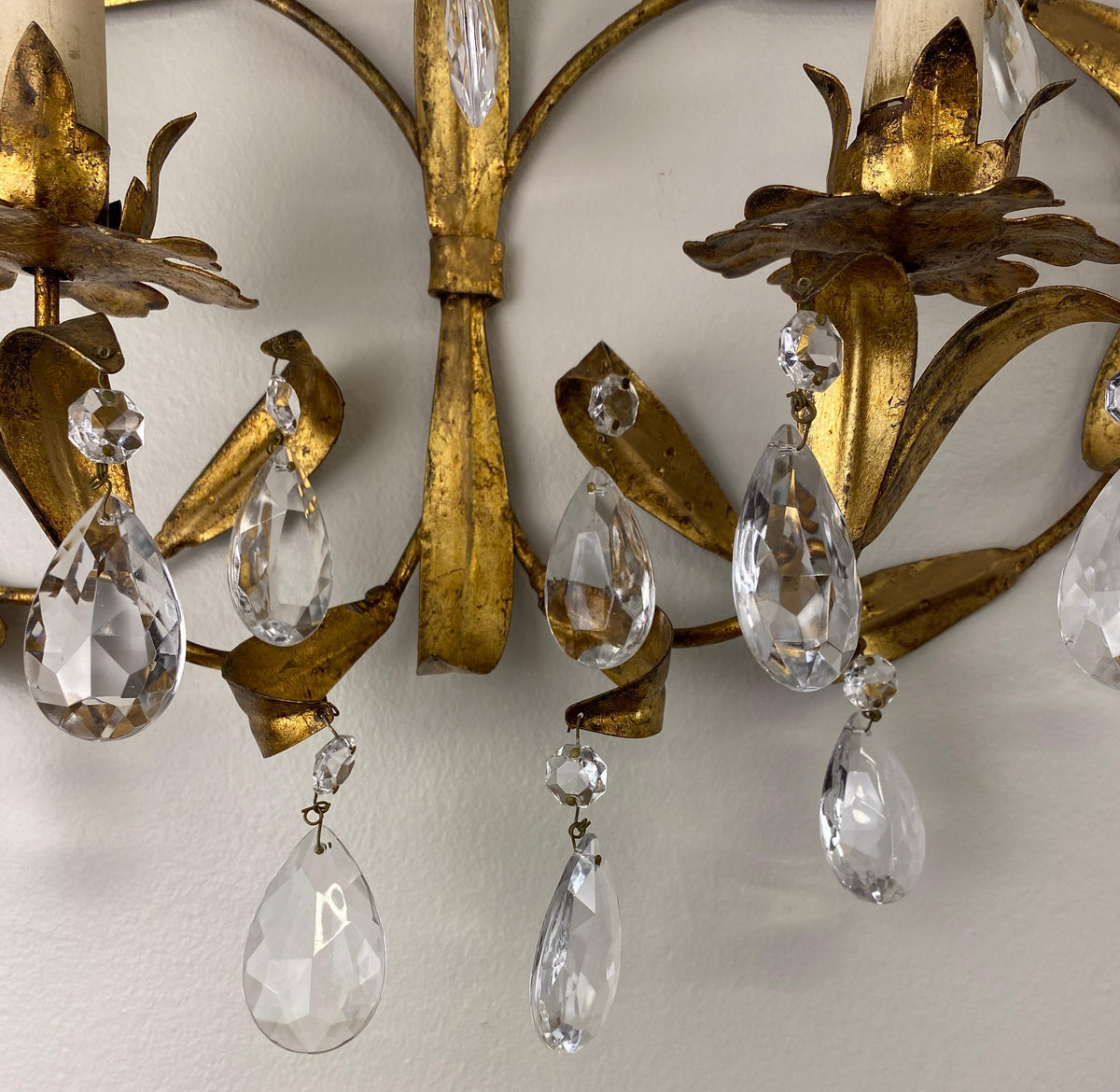 Pair of Maison Baguès Style Mid-20th Century Gilt Metal and Crystal Wall Sconces — detail 6