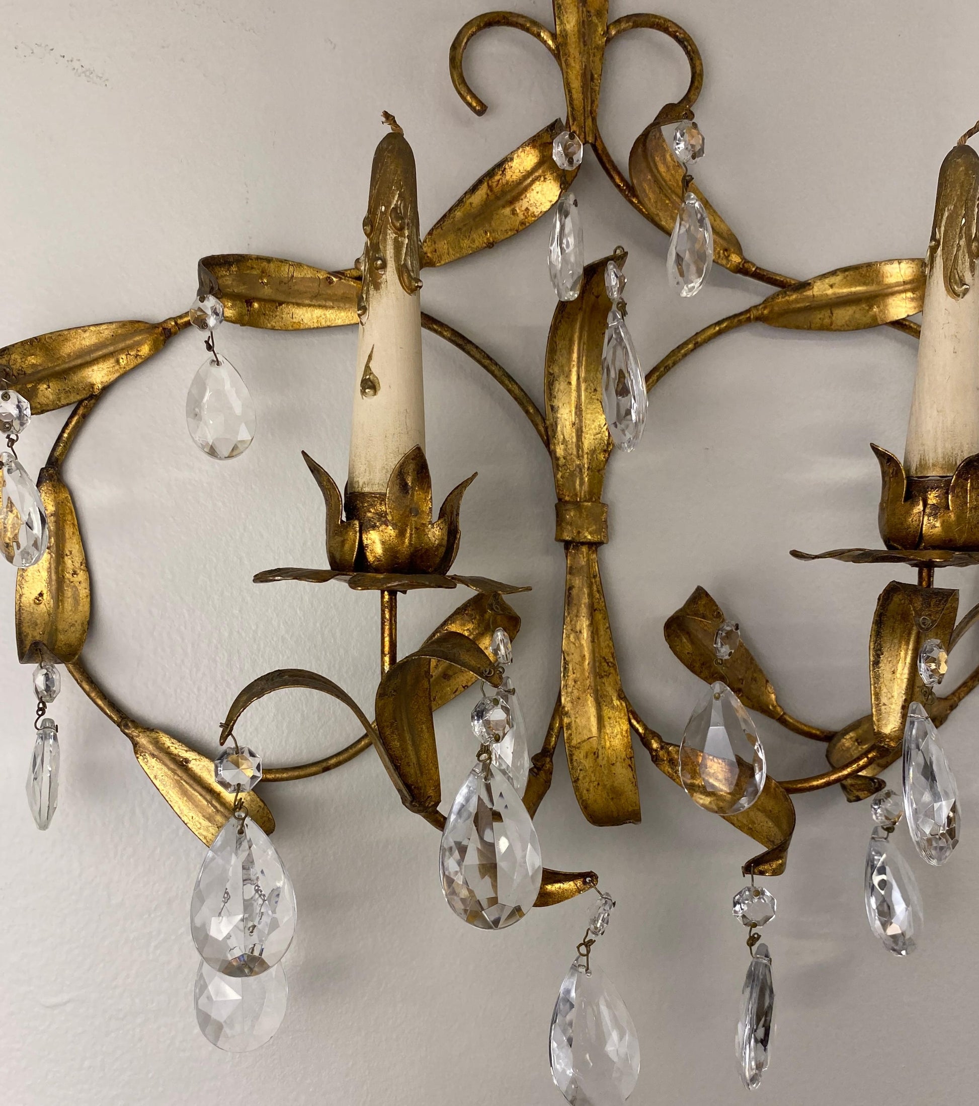 Pair of Maison Baguès Style Mid-20th Century Gilt Metal and Crystal Wall Sconces — detail 7
