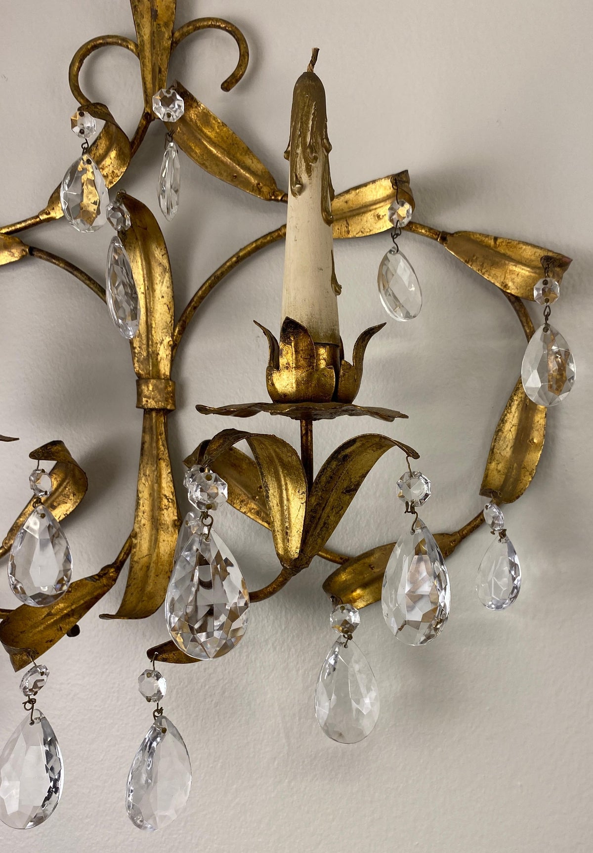 Pair of Maison Baguès Style Mid-20th Century Gilt Metal and Crystal Wall Sconces — detail 8