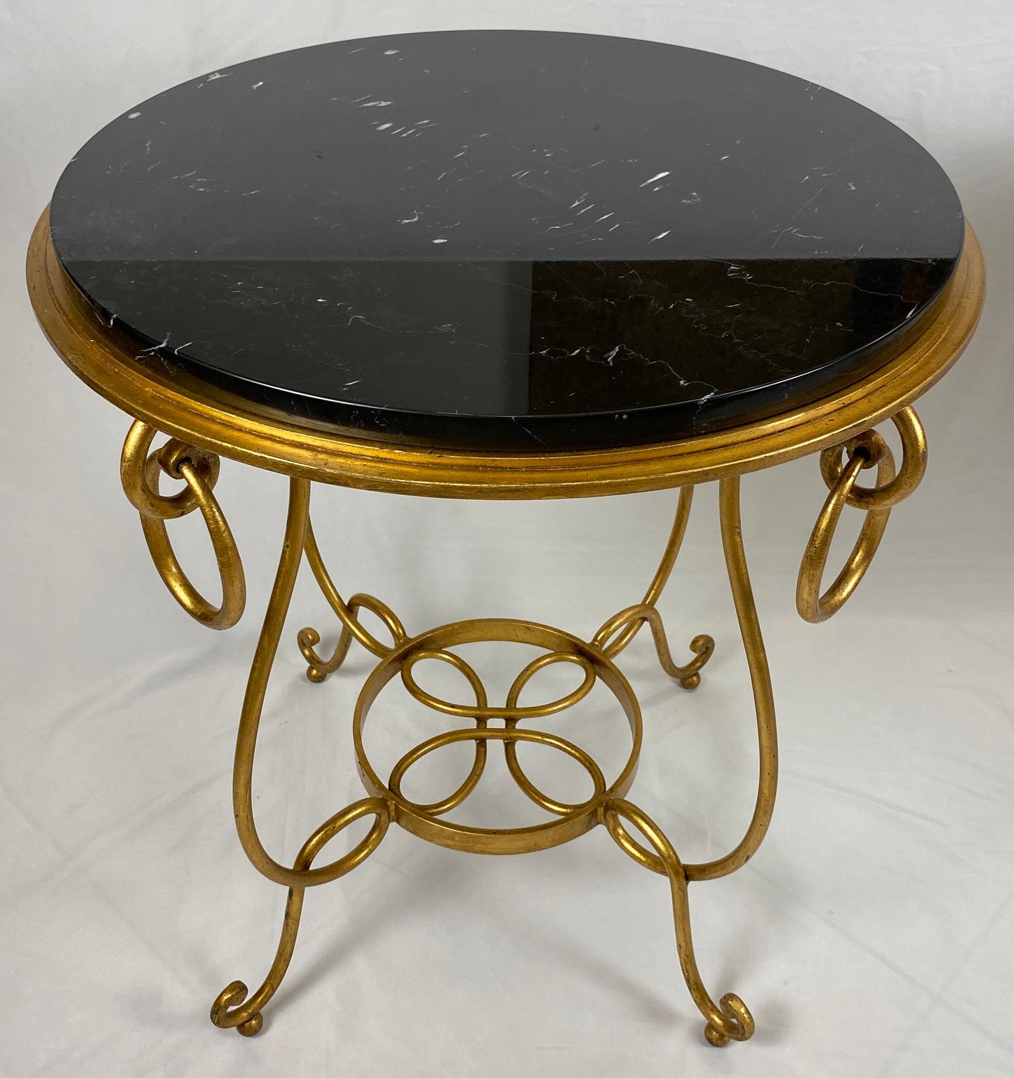 Pair of Rene Drouet Style Marble and Gilded Iron Side Tables — detail 2