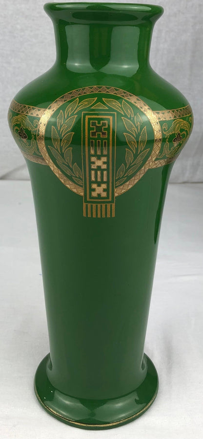 Green & Gold Pair of French Art Deco Porcelain Vases by Sarreguemines — detail 4