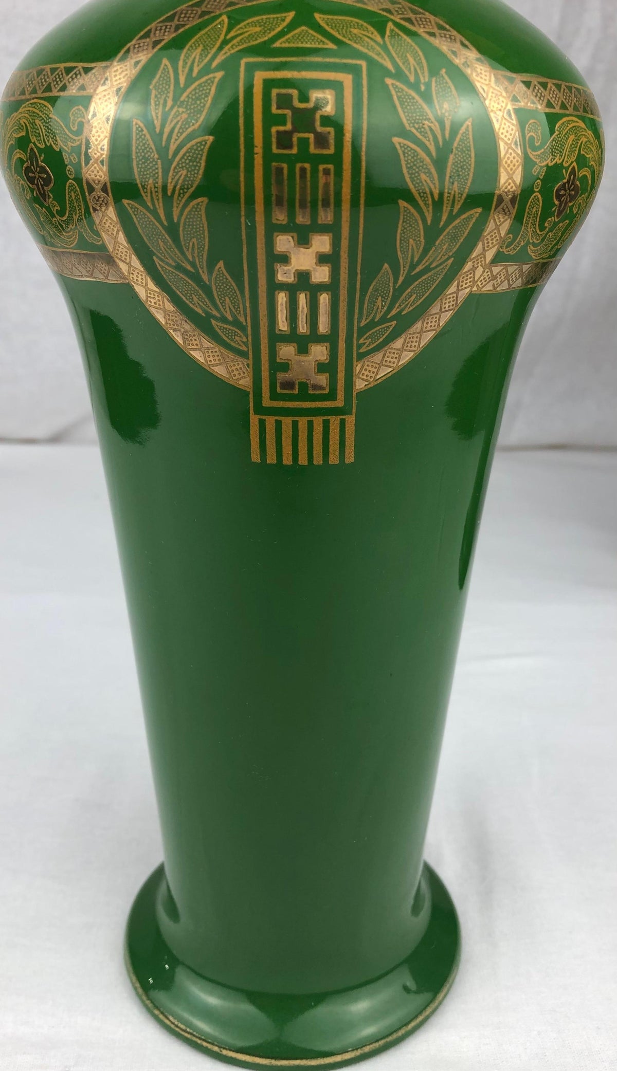 Green & Gold Pair of French Art Deco Porcelain Vases by Sarreguemines — detail 2