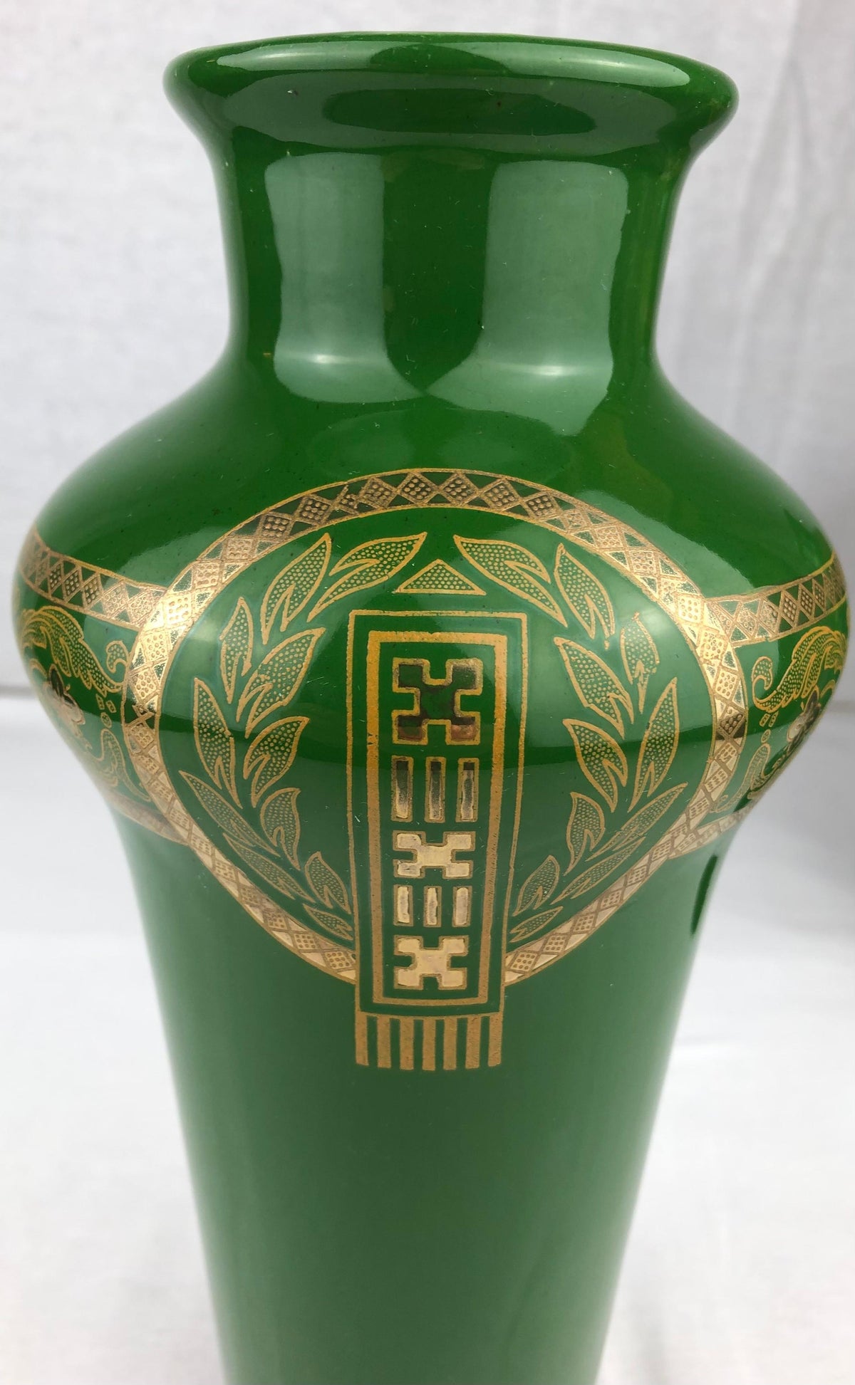 Green & Gold Pair of French Art Deco Porcelain Vases by Sarreguemines — detail 3
