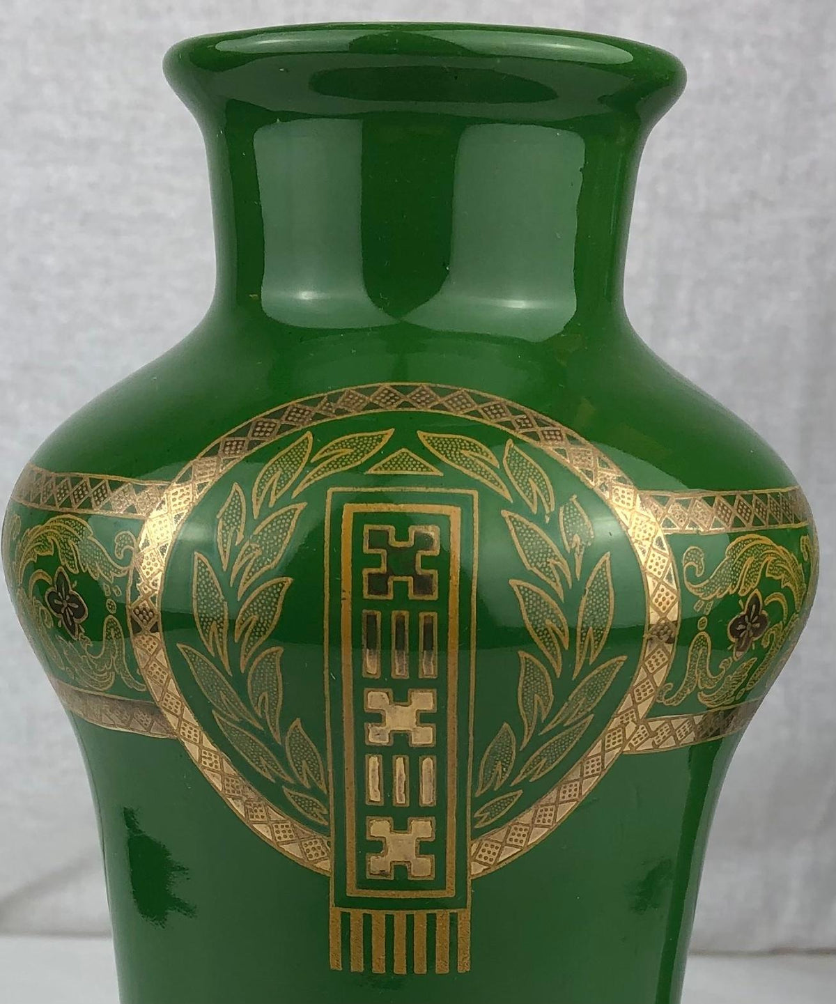 Green & Gold Pair of French Art Deco Porcelain Vases by Sarreguemines — detail 7