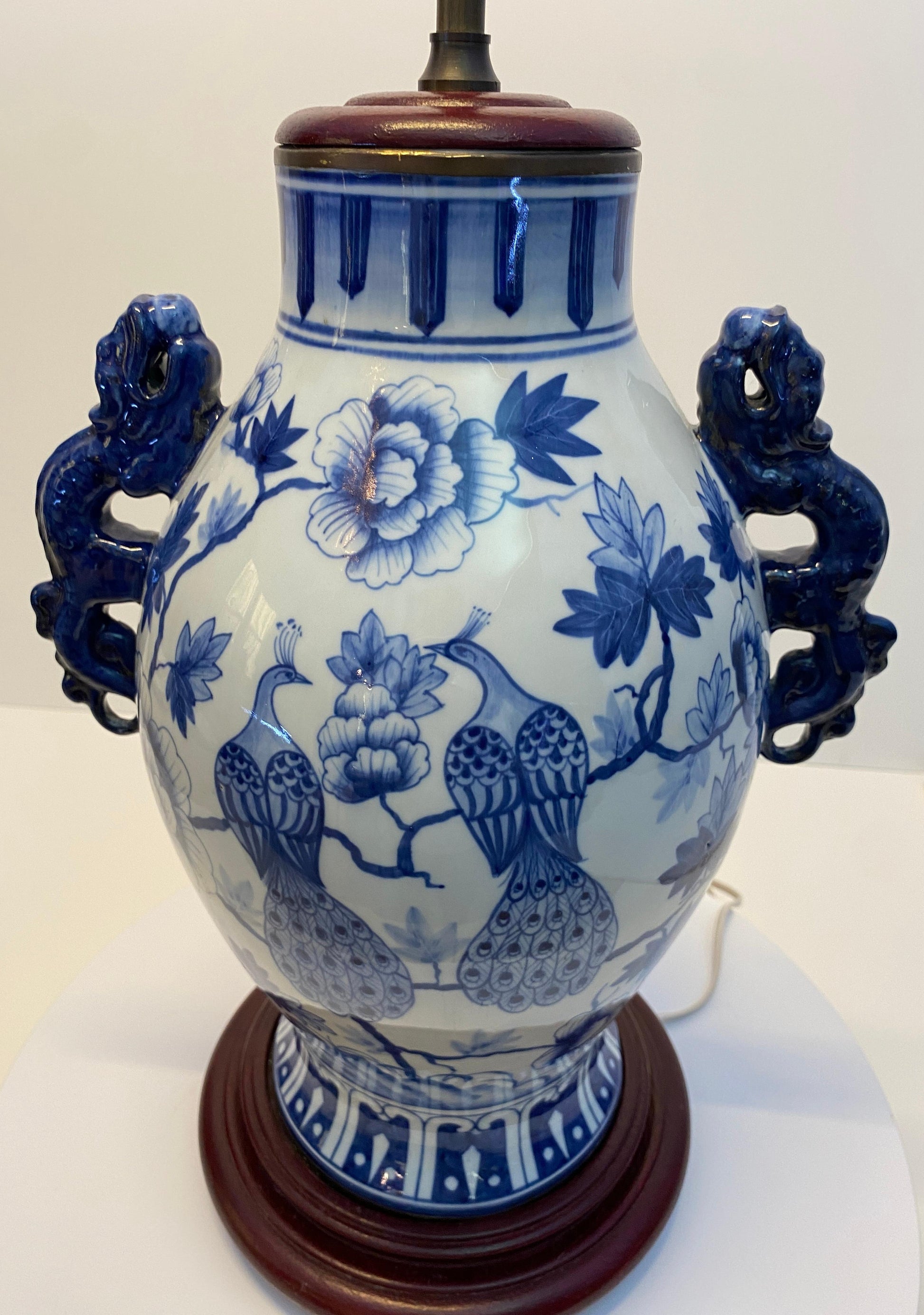 Pair of Blue and White Chinoiserie Porcelain Urn Table Lamps with Peacock Motifs — detail 6