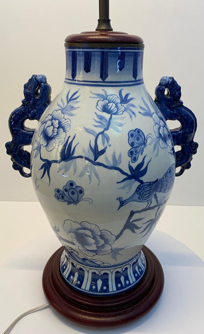 Pair of Blue and White Chinoiserie Porcelain Urn Table Lamps with Peacock Motifs — detail 3