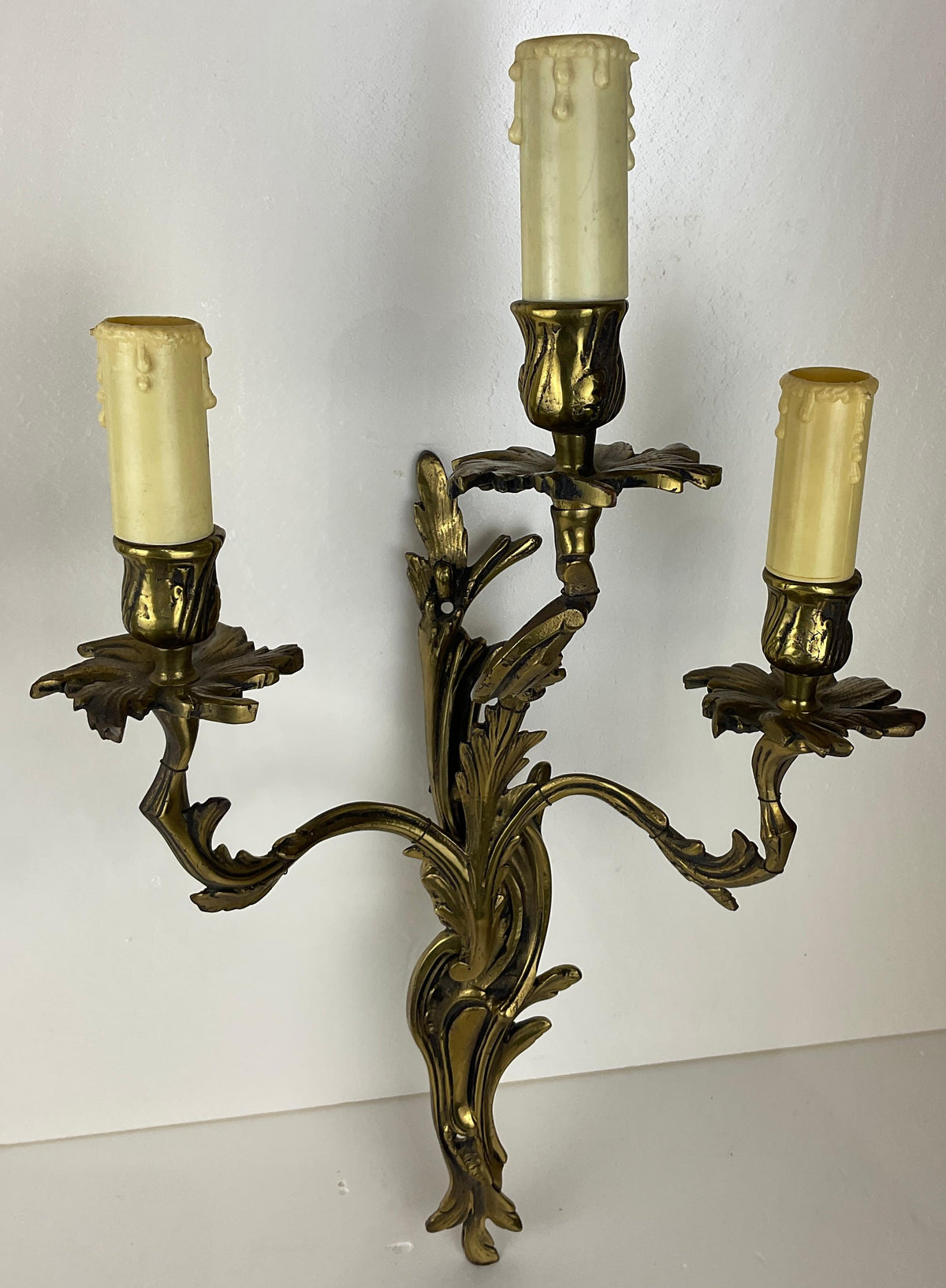 Pair of French Louis XV Style Gilt Bronze Three-Armed Sconces — detail 2