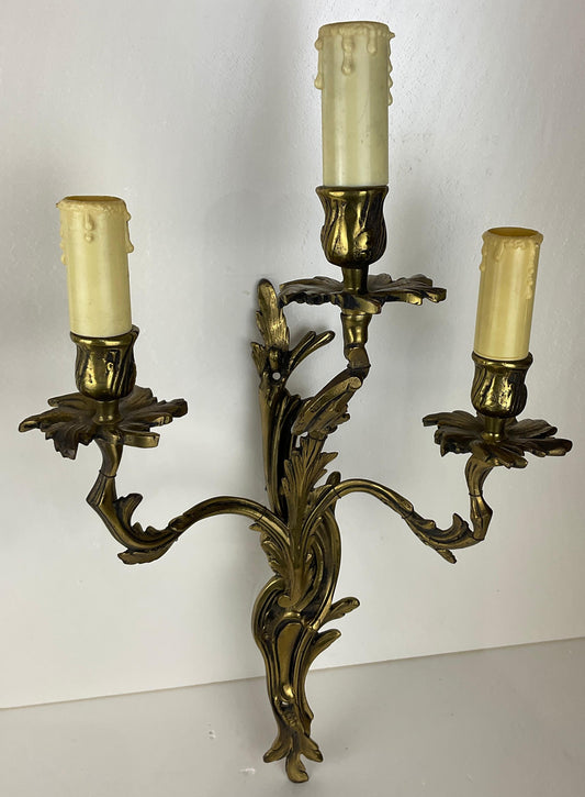 Pair of French Louis XV Style Gilt Bronze Three-Armed Sconces — detail 2