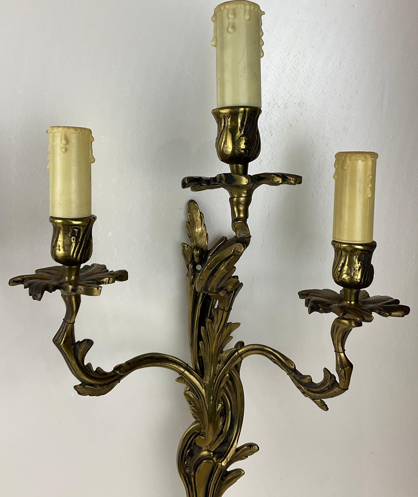 Pair of French Louis XV Style Gilt Bronze Three-Armed Sconces — detail 3