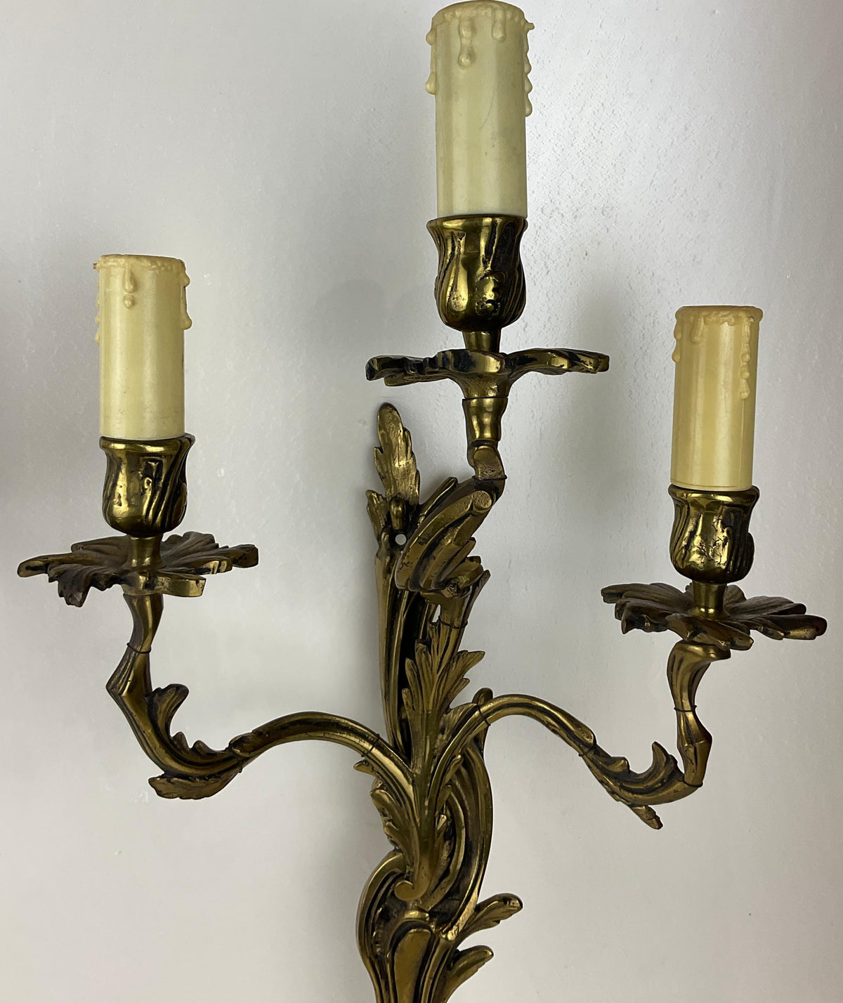 Pair of French Louis XV Style Gilt Bronze Three-Armed Sconces — detail 3