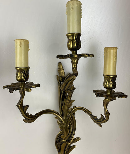 Pair of French Louis XV Style Gilt Bronze Three-Armed Sconces — detail 3