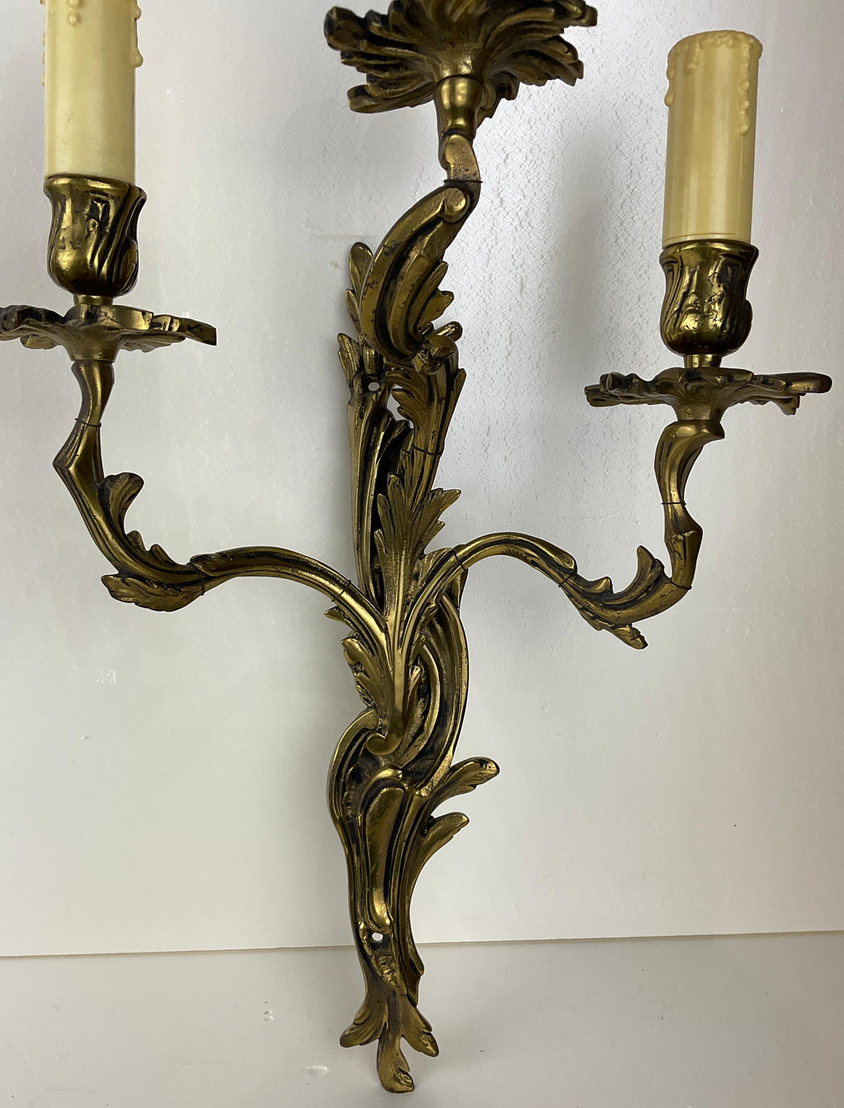 Pair of French Louis XV Style Gilt Bronze Three-Armed Sconces — detail 4