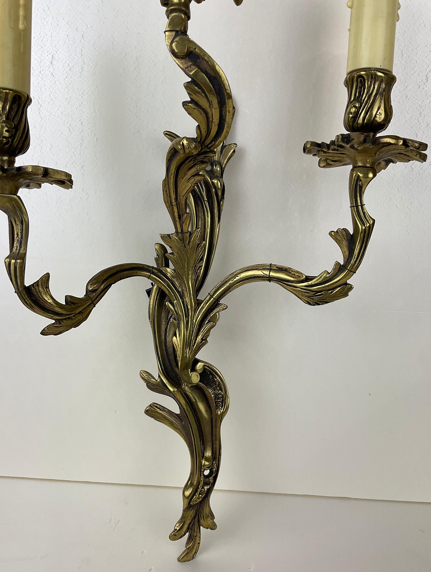 Pair of French Louis XV Style Gilt Bronze Three-Armed Sconces — detail 5