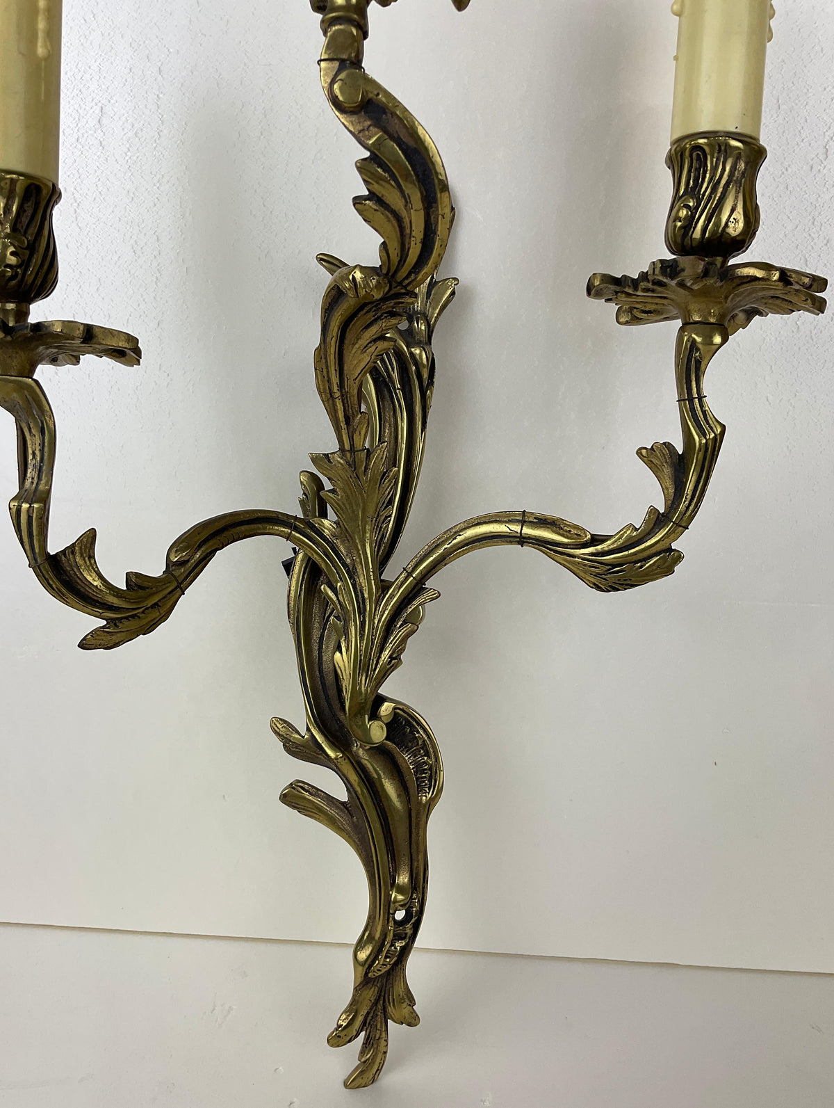 Pair of French Louis XV Style Gilt Bronze Three-Armed Sconces — detail 5